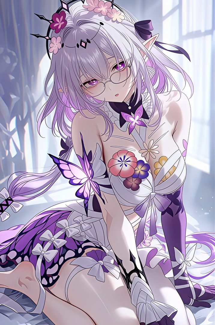 An anime-style character with long white and purple hair, wearing glasses and a white and purple dress adorned with flowers and butterflies, sitting indoors.