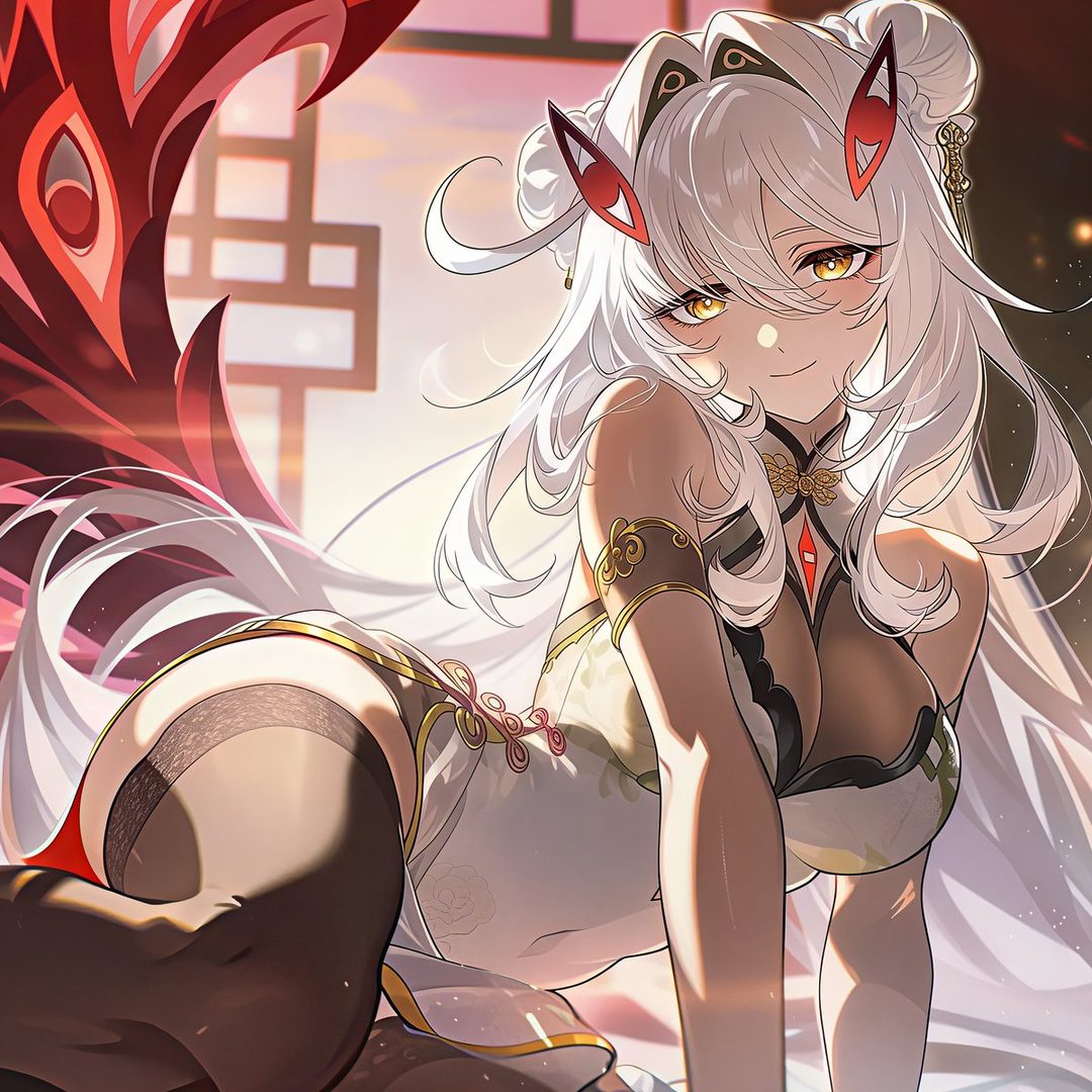 An anime-style illustration of a woman with long white hair and golden eyes, wearing a revealing traditional Chinese dress, posing suggestively.