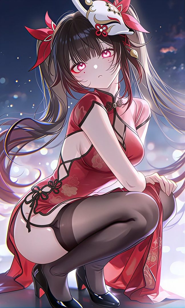 An anime girl with long black hair and a fox mask wears a red cheongsam and black stockings, posing suggestively.