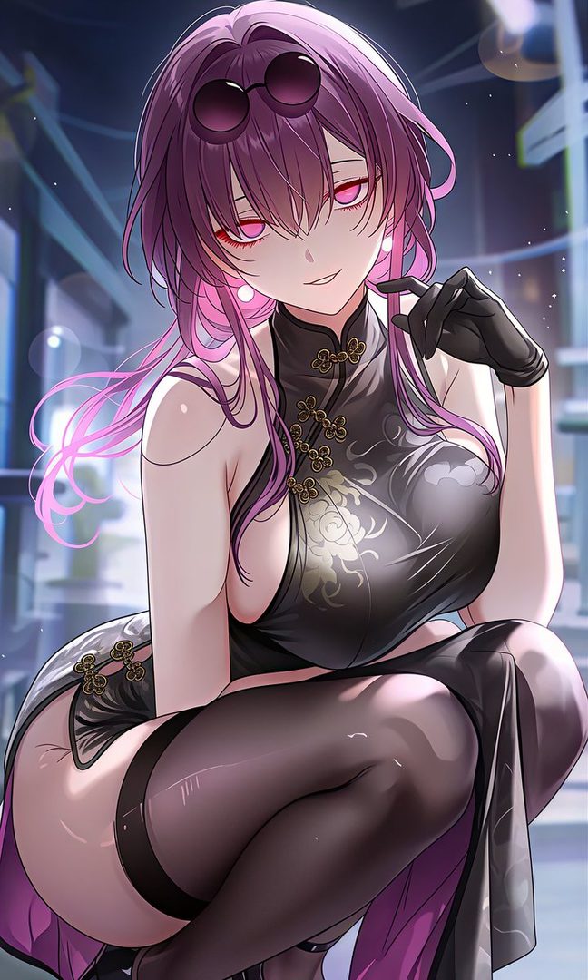 An anime-style illustration of a woman with long pink hair and red eyes, wearing a black cheongsam dress and black gloves, with sunglasses pushed up on her head.