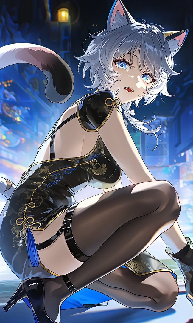 An anime-style character with white hair and cat ears, wearing a black cheongsam dress and black stockings, crouching in a night city scene.