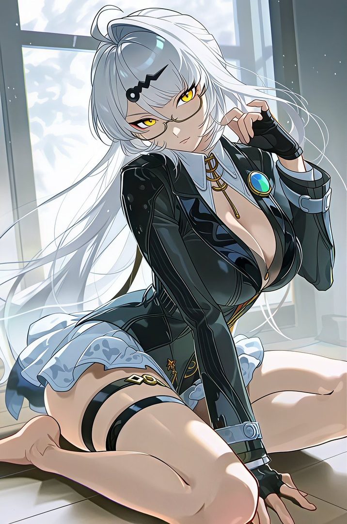 An anime-style woman with long white hair and glasses, wearing a black jacket and short skirt, kneels indoors.