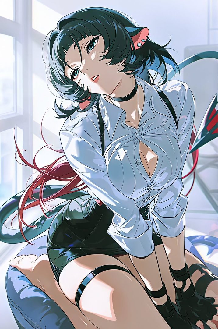 An anime-style character with black hair and blue eyes, wearing a white blouse and black skirt, is posing indoors.