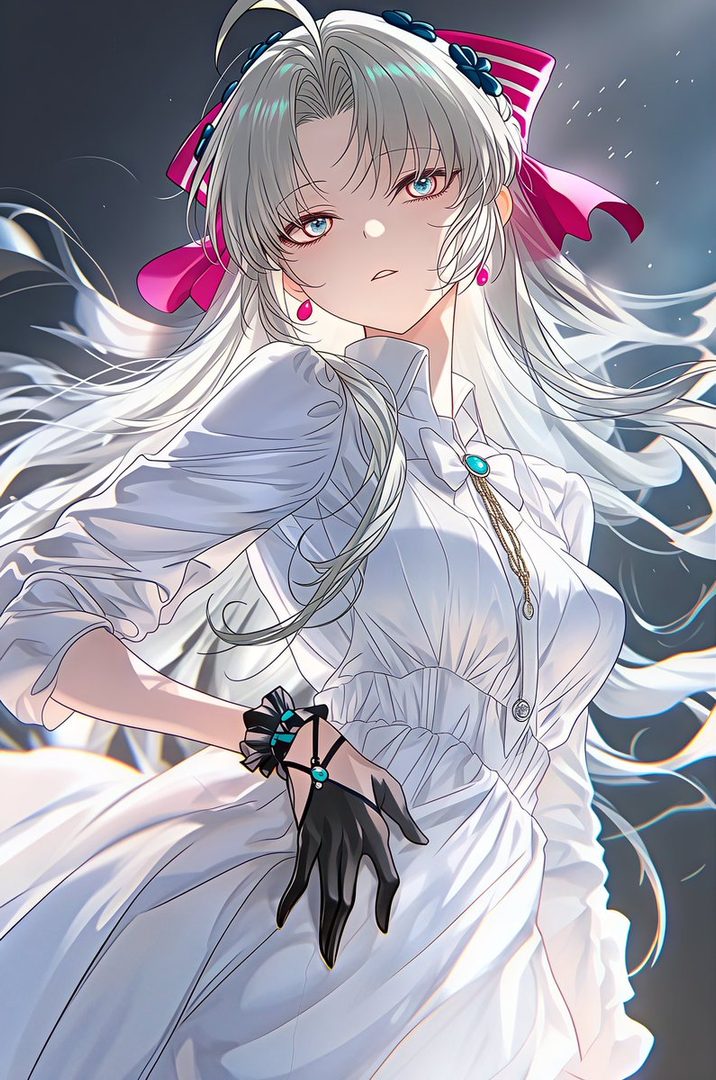 An anime-style portrait of a woman with long white hair, wearing a white dress and black gloves, with pink ribbons in her hair.
