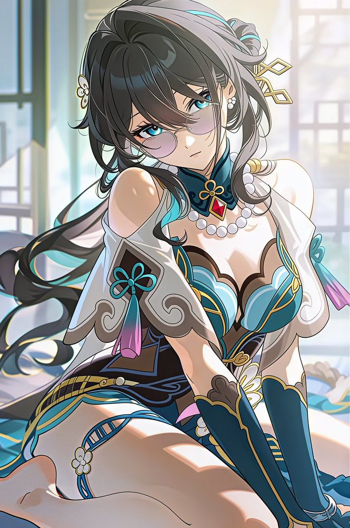 An anime-style illustration of Ruan Mei from Honkai Star Rail, wearing a detailed blue and white dress with gold accents, glasses, and long dark hair, looking suggestively at the viewer.