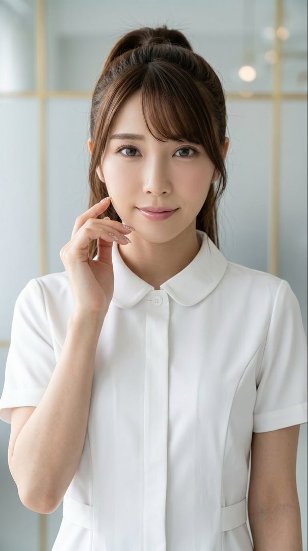 A beautiful East Asian woman with brown hair in a ponytail and bangs, wearing a white collared blouse, poses indoors.