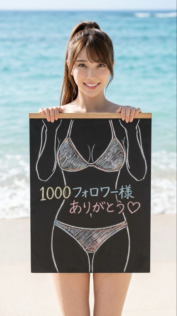 A smiling woman in a ponytail holds a chalkboard with a bikini drawing and Japanese text on a beach.