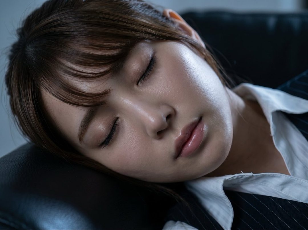 A close-up portrait of a young East Asian woman with brown hair and bangs, wearing a pinstripe suit and white shirt, sleeping peacefully with her head resting on a dark surface.