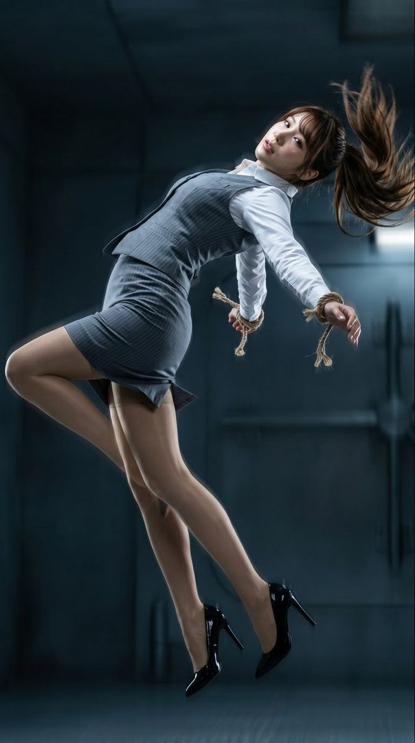 A woman in a business suit and high heels is suspended in mid-air with her wrists tied with rope.