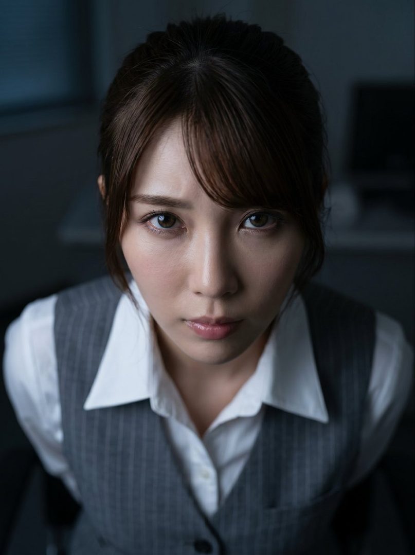 A close-up portrait of a woman with brown hair and bangs, wearing a white shirt and a grey pinstripe vest, looking up with a serious expression.