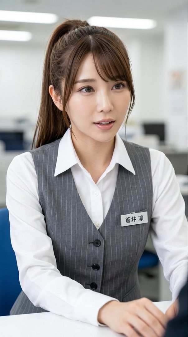 A photorealistic AI-generated portrait of a young East Asian woman with brown hair in a ponytail and bangs, wearing a white shirt and a pinstriped grey vest, in an office setting.