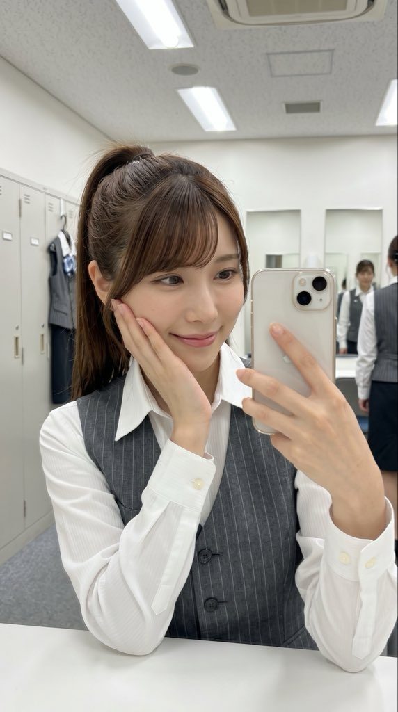 A young woman in a white blouse and grey vest takes a selfie in an office setting.