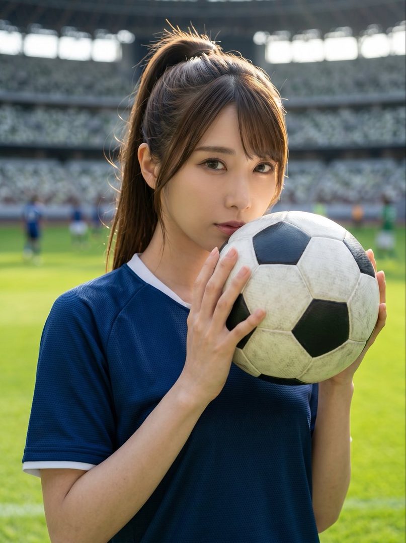 A beautiful East Asian woman in a blue soccer jersey holds a soccer ball on a green field.