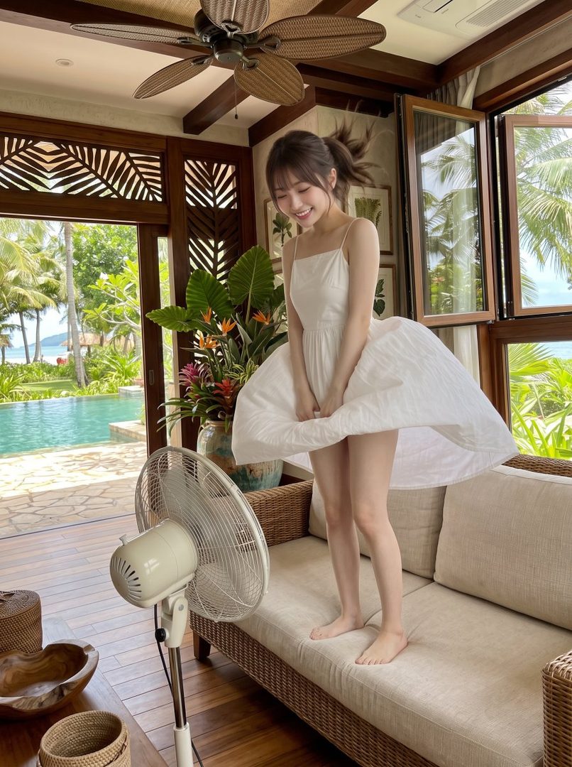 A smiling woman in a white dress stands on a sofa indoors, with a fan blowing her dress up, overlooking a tropical resort with a pool.