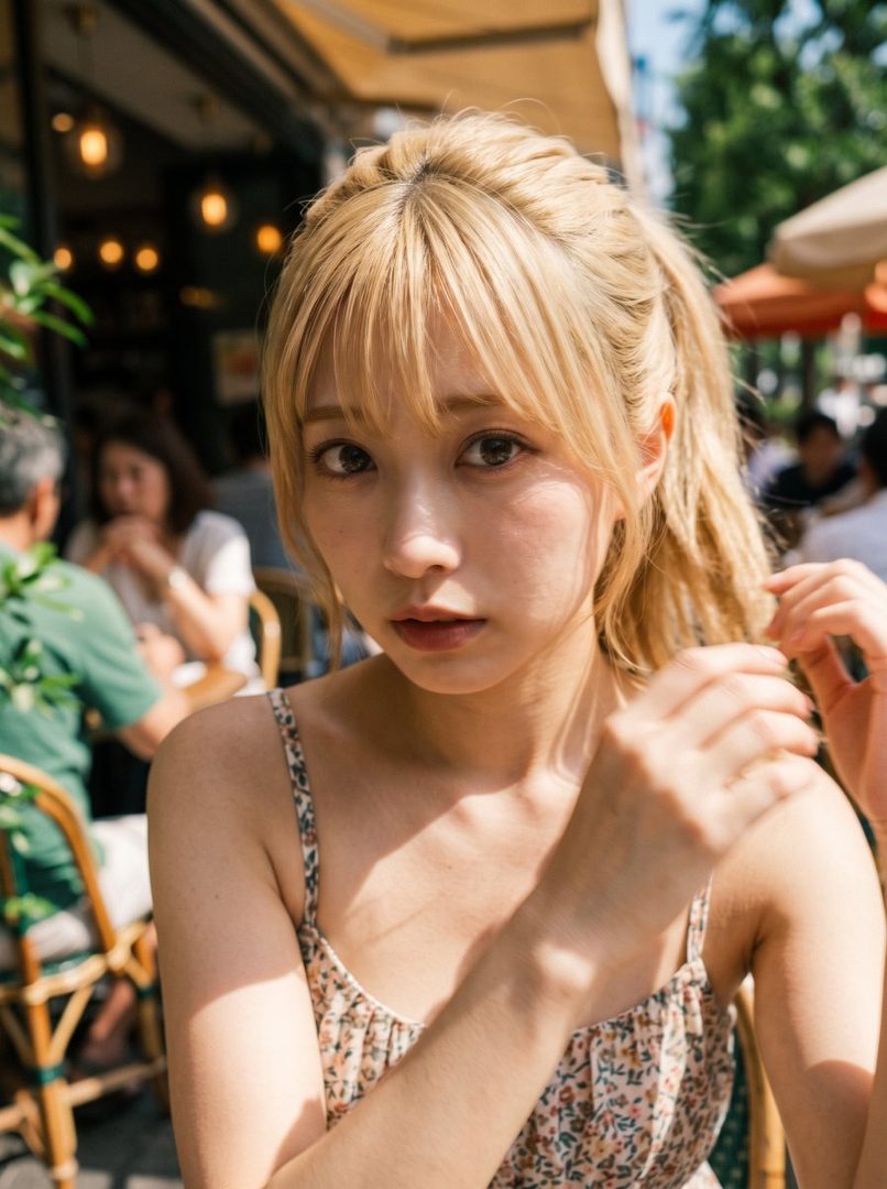 A blonde woman with bangs and a ponytail wears a floral top while sitting at an outdoor cafe.