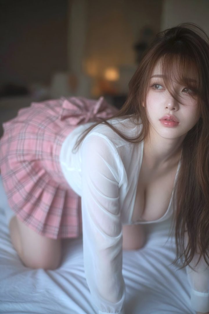 A woman with long brown hair and a pink plaid skirt poses suggestively on a bed.