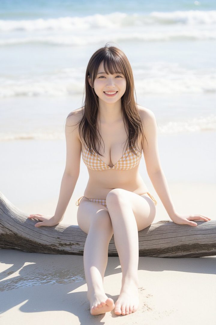 A smiling East Asian woman in a checkered bikini sits on a log on a sunny beach with the ocean in the background.