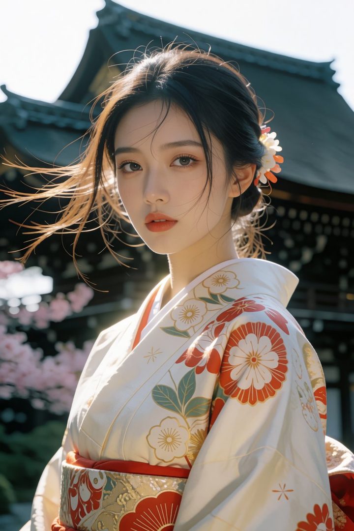 A beautiful East Asian woman in a white kimono with red floral patterns stands outdoors with a traditional building and cherry blossoms in the background.
