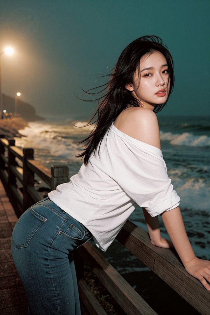 A young woman with long black hair and a white off-the-shoulder top leans on a wooden railing by the ocean at night.