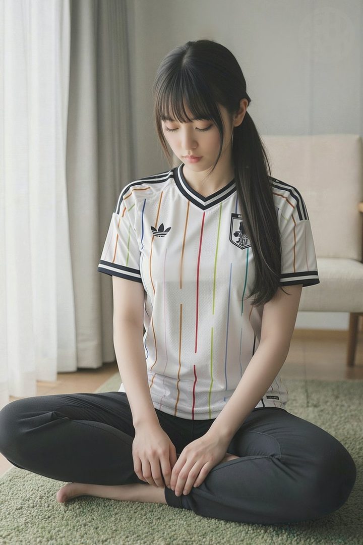 A young woman with black hair in a ponytail, wearing a white and colorful striped soccer jersey, sits cross-legged on a green rug indoors.