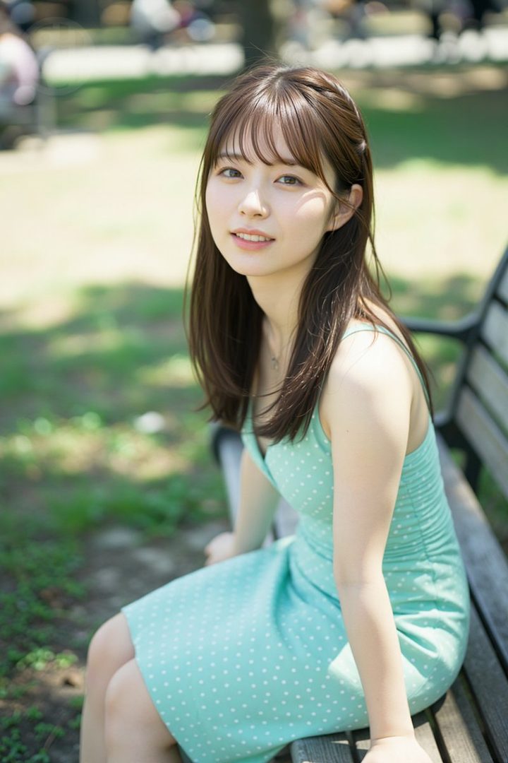 A young woman with long brown hair and bangs, wearing a light green polka dot dress, sits on a park bench outdoors.