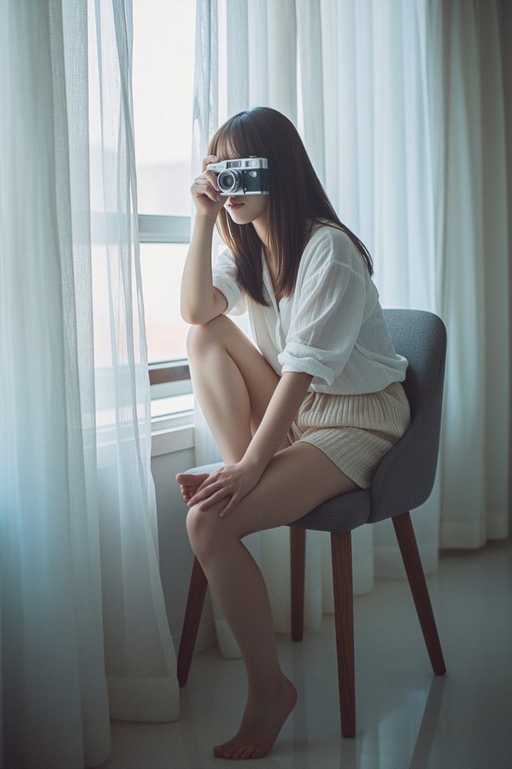 A young woman with long brown hair sits on a chair by a window, holding a vintage camera to her face.