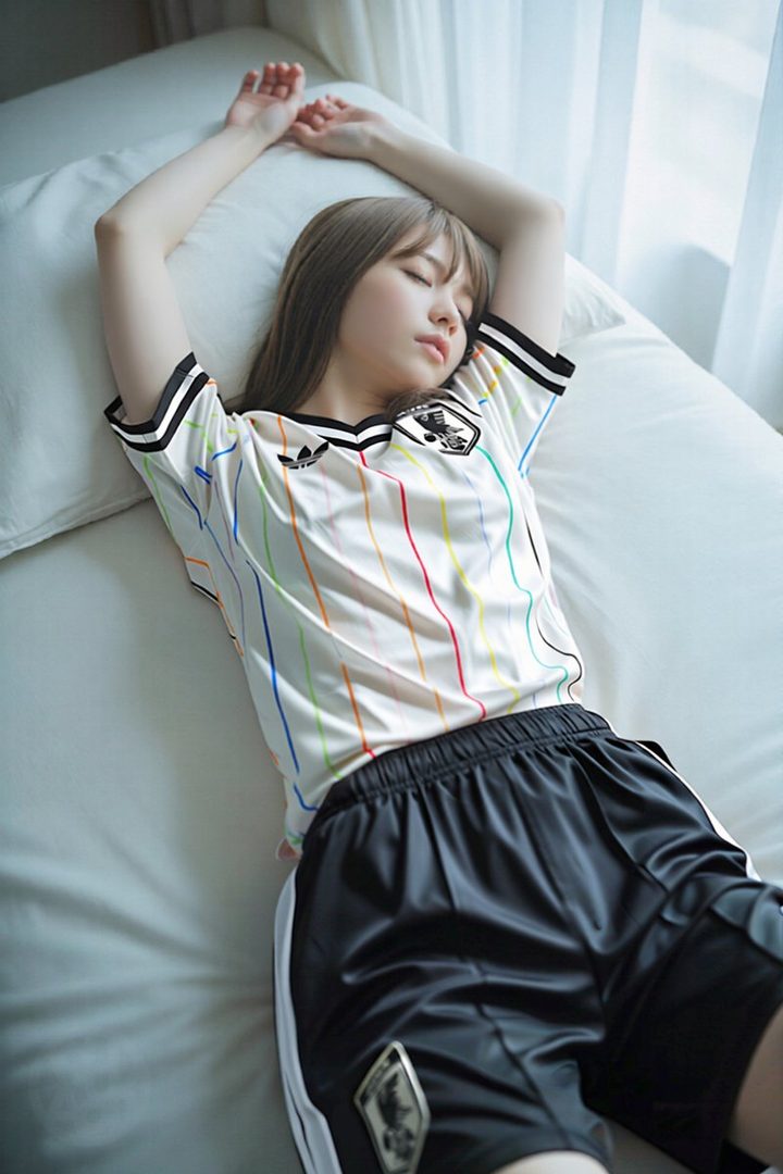 A young woman with brown hair is sleeping peacefully on a white bed, wearing a white and black striped jersey and black shorts.