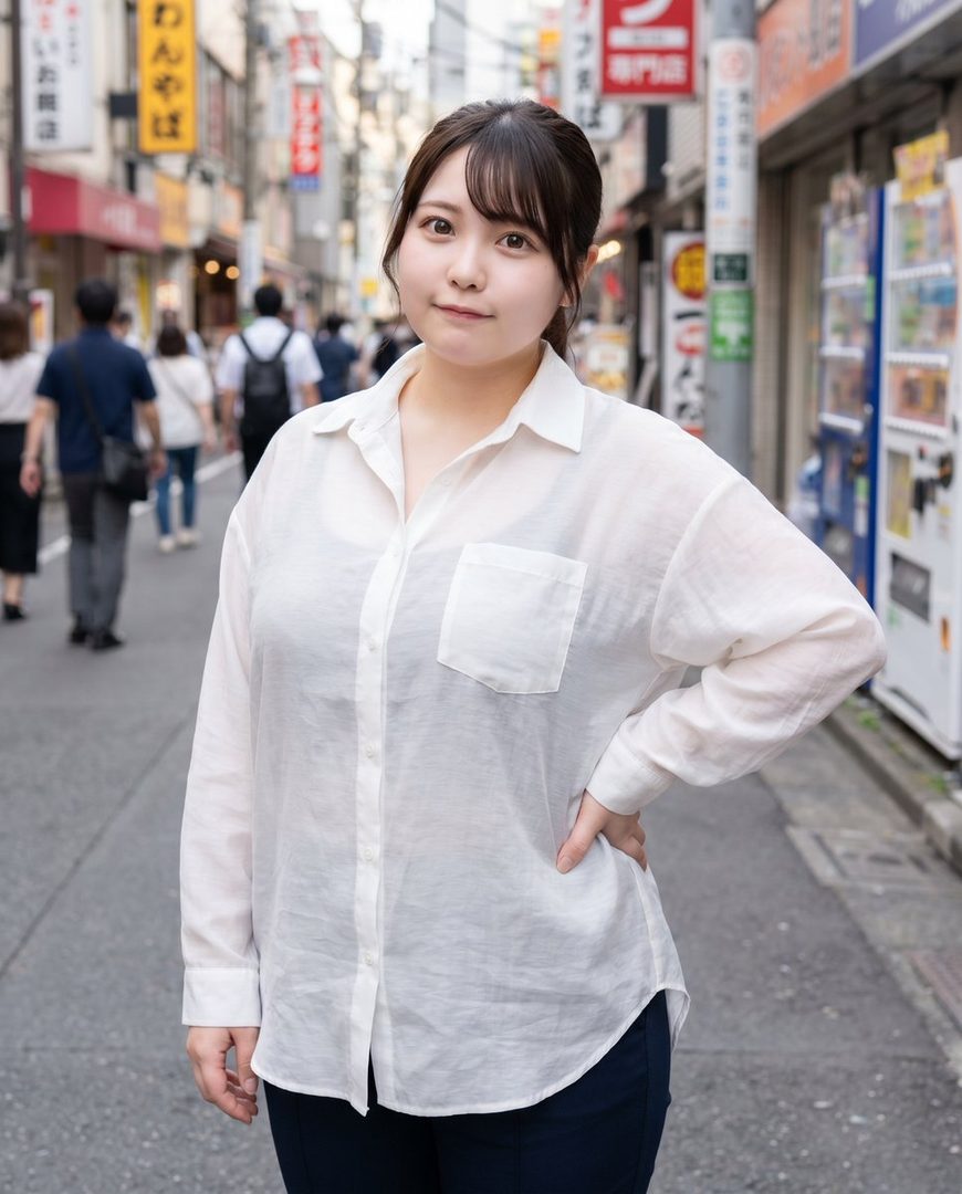 A young woman with brown hair and bangs, wearing a white blouse, stands on a bustling city street during the daytime.