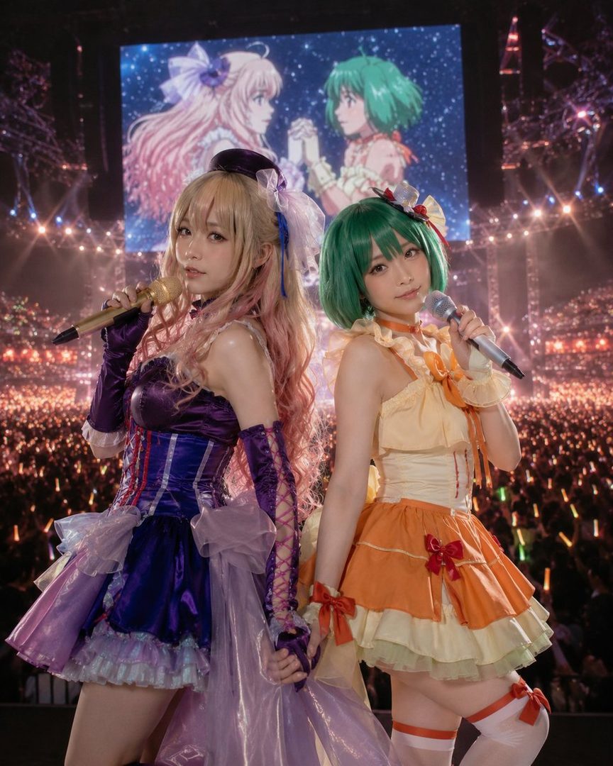 Two women in colorful idol costumes are cosplaying on a stage with microphones, in front of a large screen showing anime characters.