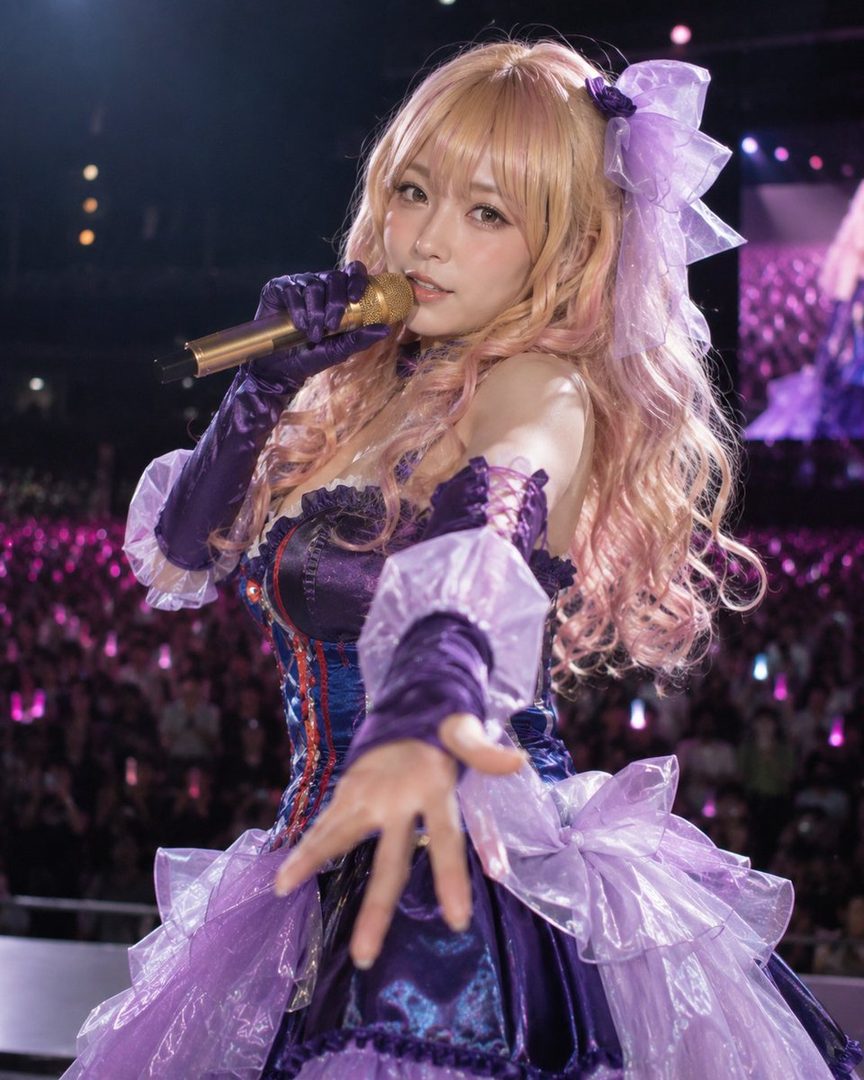A woman with long pink hair and a purple dress sings into a golden microphone on stage.