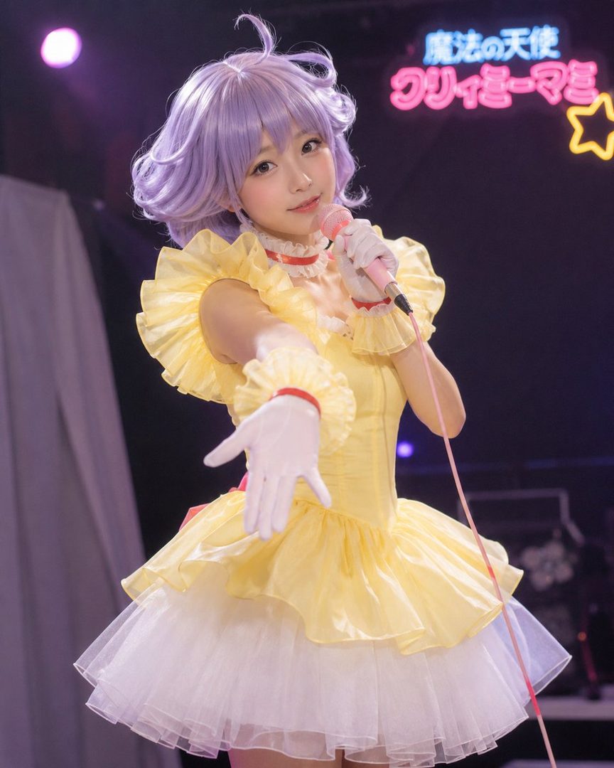 A young woman cosplaying as Creamy Mami, wearing a yellow and white ruffled dress and holding a pink microphone, stands on a stage with a neon sign in the background.