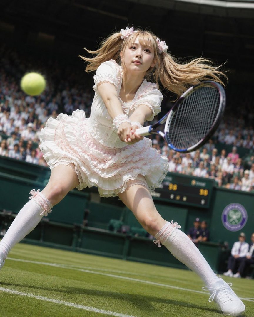 A blonde woman with twintails in a frilly white and pink dress plays tennis on a green court.
