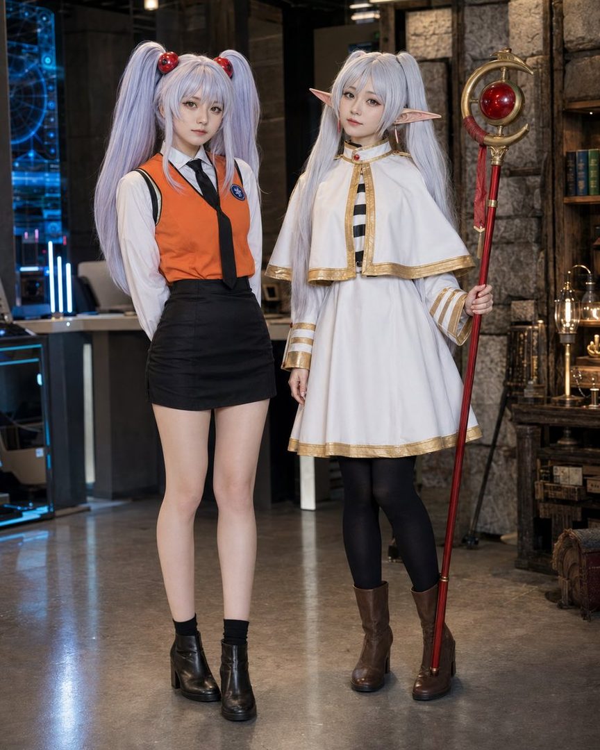 Two women in cosplay outfits, one in a school-like uniform with orange vest and black skirt, and the other in a white and gold fantasy robe holding a staff.