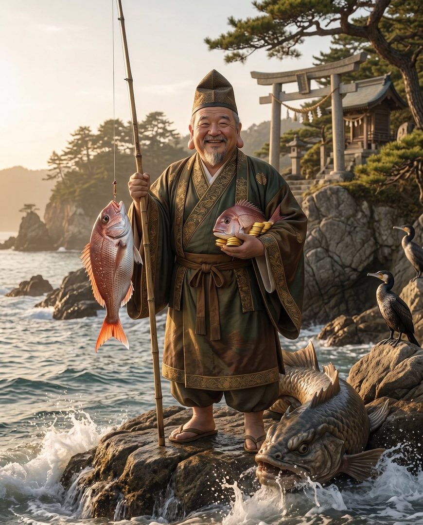 A smiling elderly man in traditional Japanese attire stands on rocks by the sea, holding a fishing rod with a fish and another fish in his arm, with a torii gate and shrine in the background during golden hour.