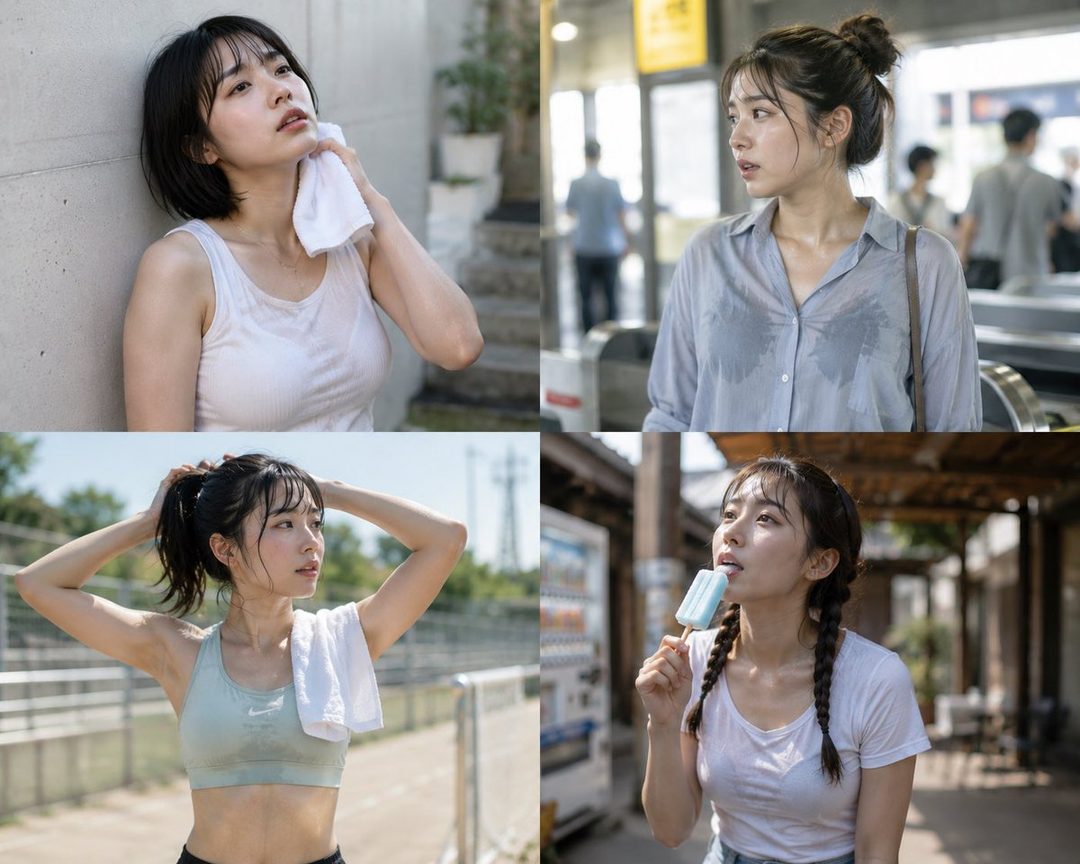 A collage of a young woman in various outdoor settings, appearing sweaty and hot, wearing different casual and sportswear outfits.