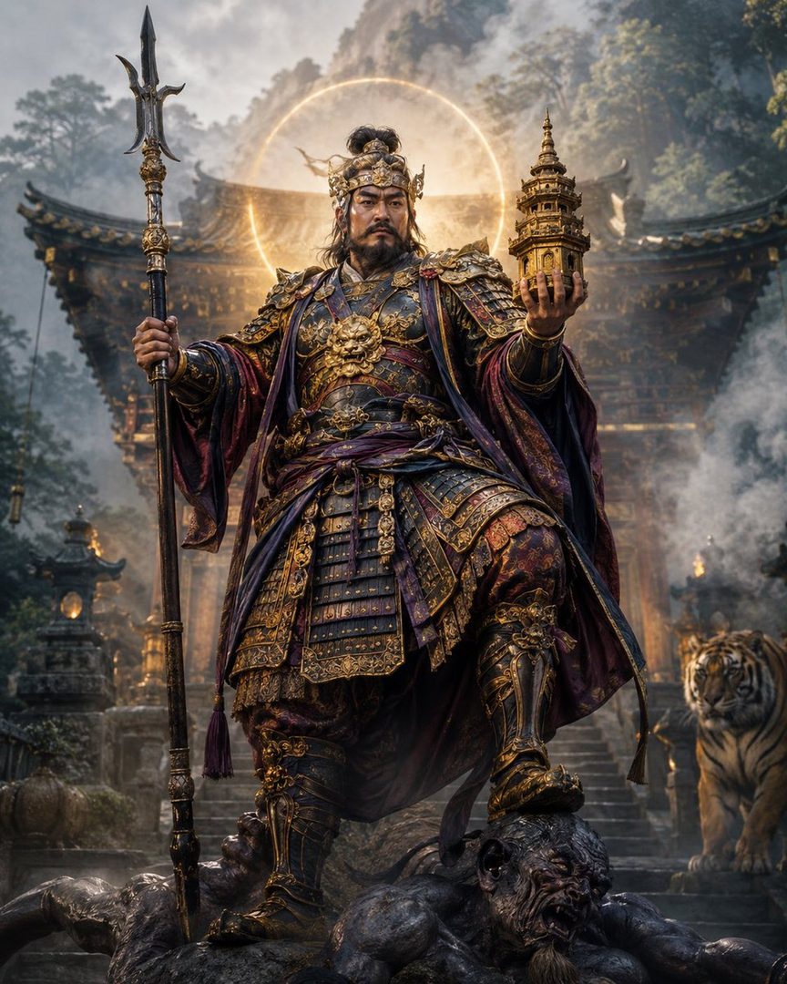 A powerful warrior in ornate armor holds a spear and a miniature pagoda, with a tiger in the background and a defeated foe underfoot.