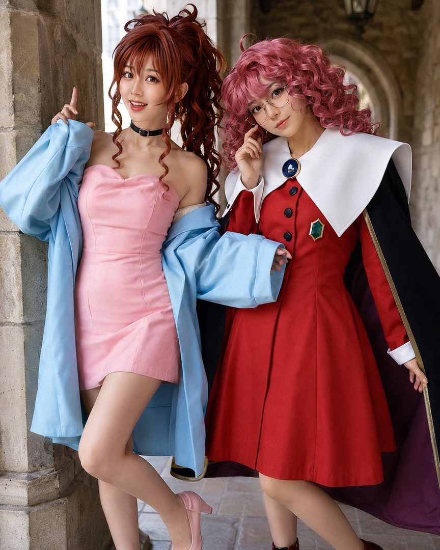 Two women in colorful cosplay outfits pose indoors, one in a pink dress and blue coat, the other in a red dress with a white collar.
