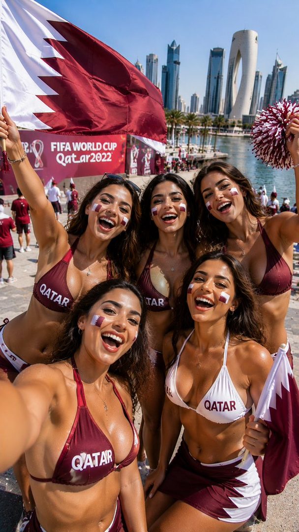 Five women in Qatar-themed swimwear and face paint pose for a selfie with a Qatar flag and city skyline in the background.