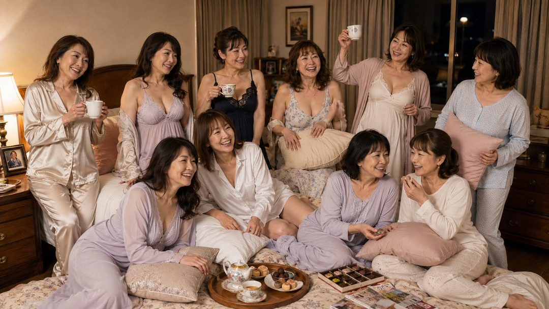 A group of smiling East Asian women in pajamas are having a pajama party in a bedroom, enjoying tea and chocolates.