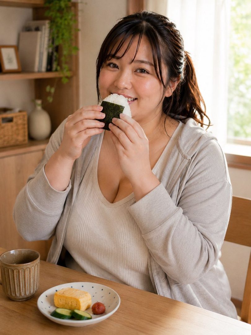 A smiling Japanese woman with brown hair in a ponytail eats an onigiri at a wooden table indoors.