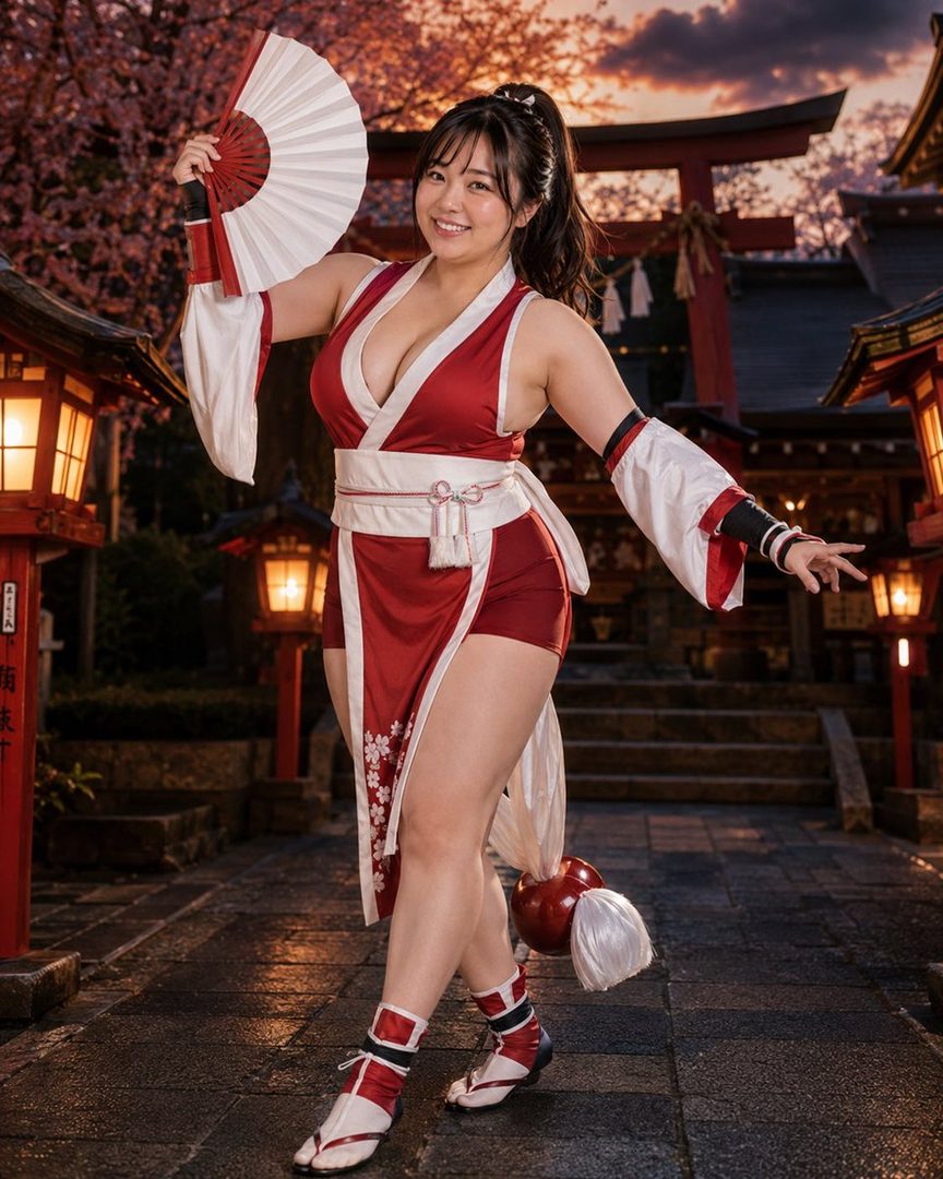 A woman in a red and white cosplay outfit holds a fan in front of a Japanese temple gate at sunset.