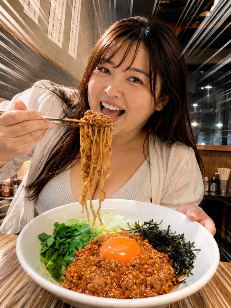 A smiling woman with long brown hair is shown indoors, holding chopsticks with a mouthful of noodles from a large bowl of mazesoba.