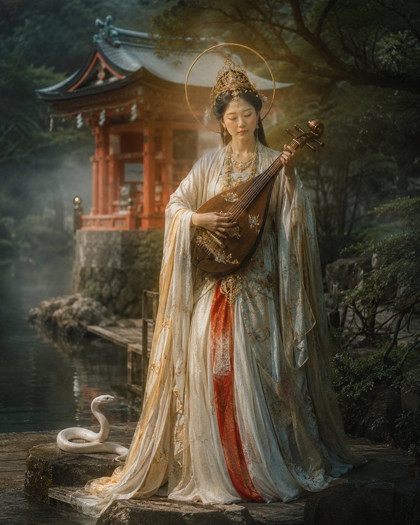 A woman in traditional Japanese attire with a golden halo and crown plays a stringed instrument by a pond with a white snake, in front of a red temple.