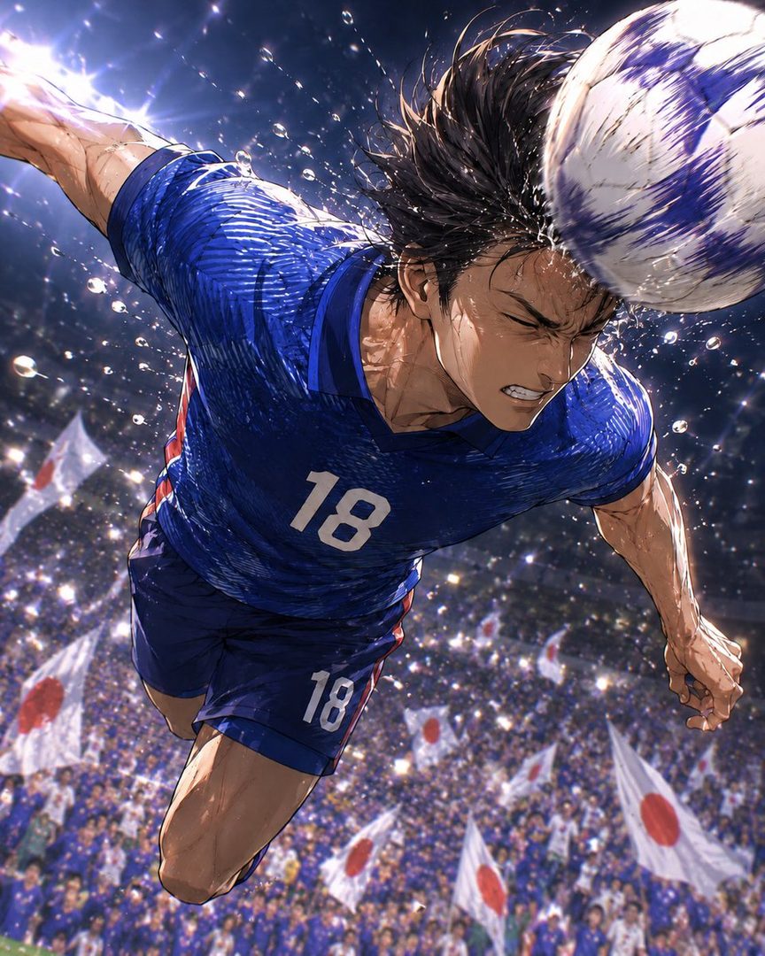 An anime-style illustration of a male soccer player in a blue jersey with number 18, heading a soccer ball with a determined expression, surrounded by sparkling water droplets and a crowd waving Japanese flags.