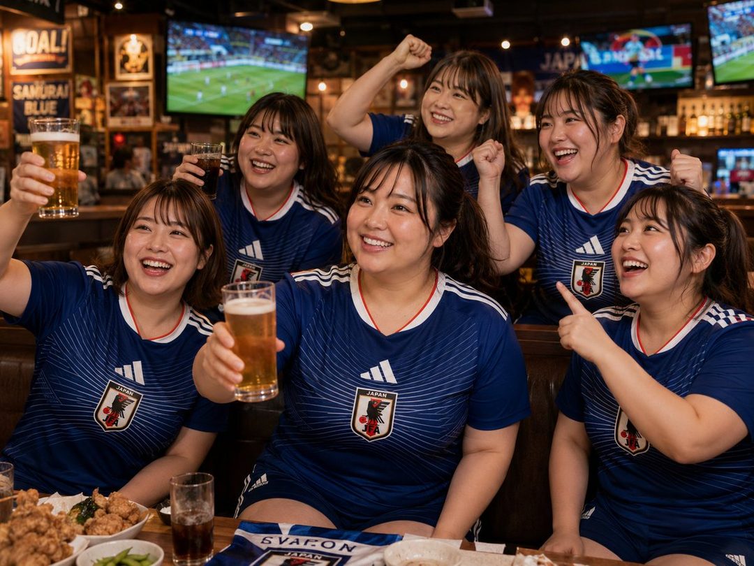 Six young Japanese women in blue soccer jerseys cheer and drink beer in a bar while watching a game on TV.