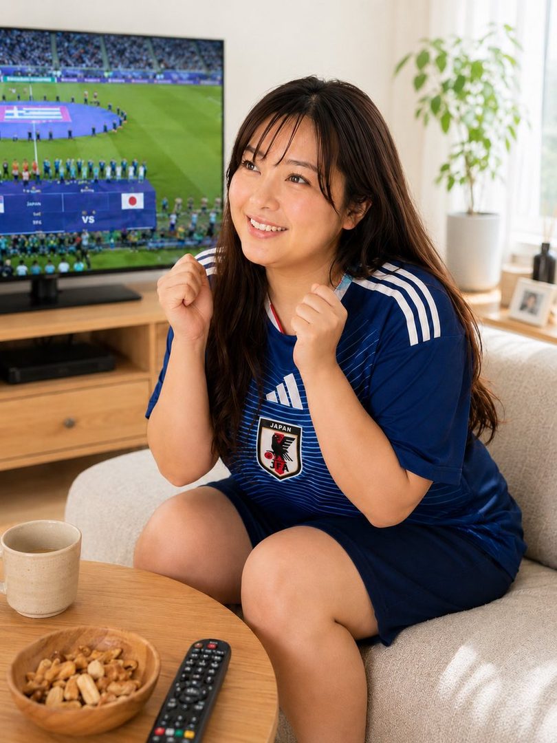 A young woman in a blue Japan soccer jersey watches a game on TV, smiling and cheering from her couch.