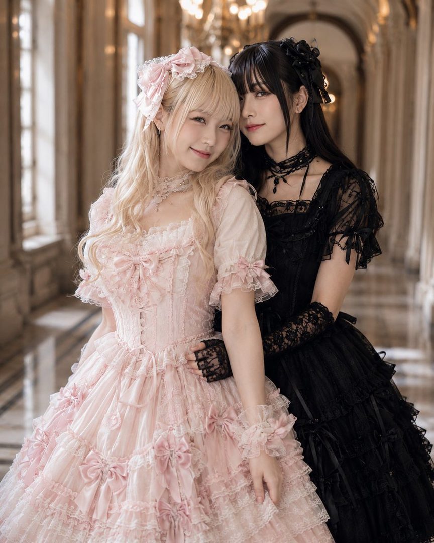 Two young women in Lolita dresses, one in pink and one in black, pose together in a grand hall.
