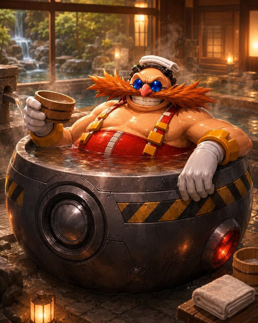 Dr. Eggman from Sonic the Hedgehog relaxing in a hot tub in a traditional Japanese setting.