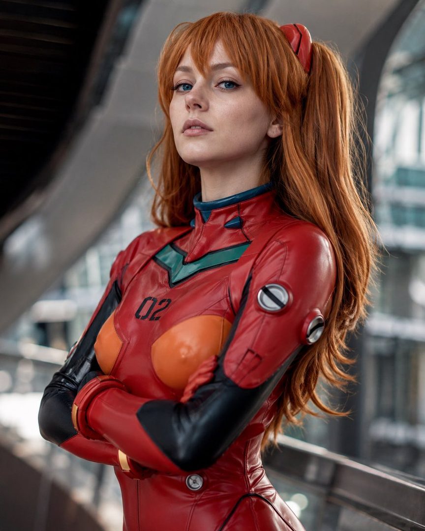 A woman with red hair in pigtails and bangs, wearing a red and black futuristic suit, poses with her arms crossed.