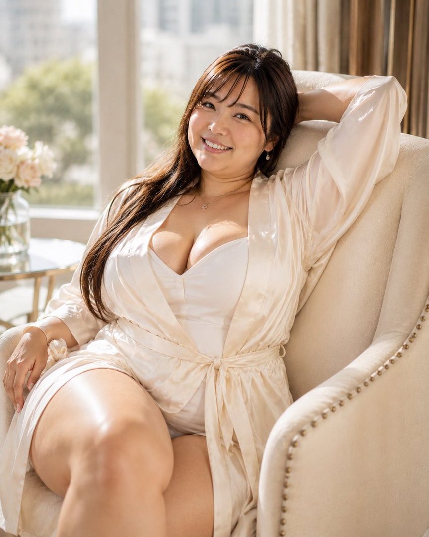 A smiling woman with long brown hair wearing a light-colored robe and dress, sitting in an armchair indoors.